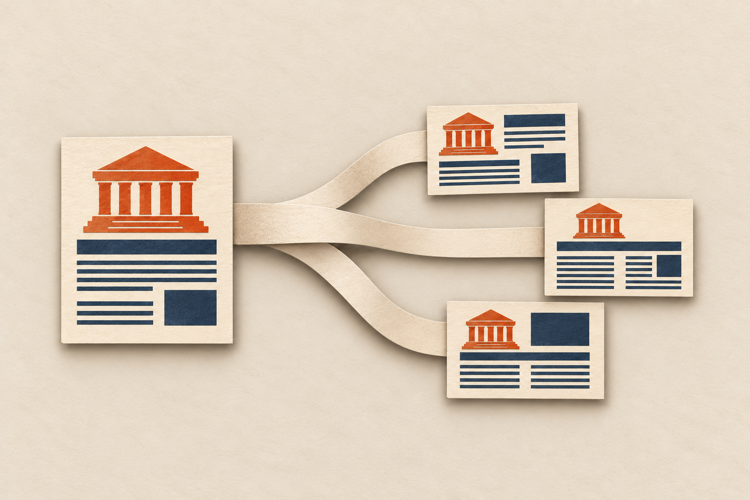 One illustrated museum notice branches into three news pages, each repeating the same orange museum motif.