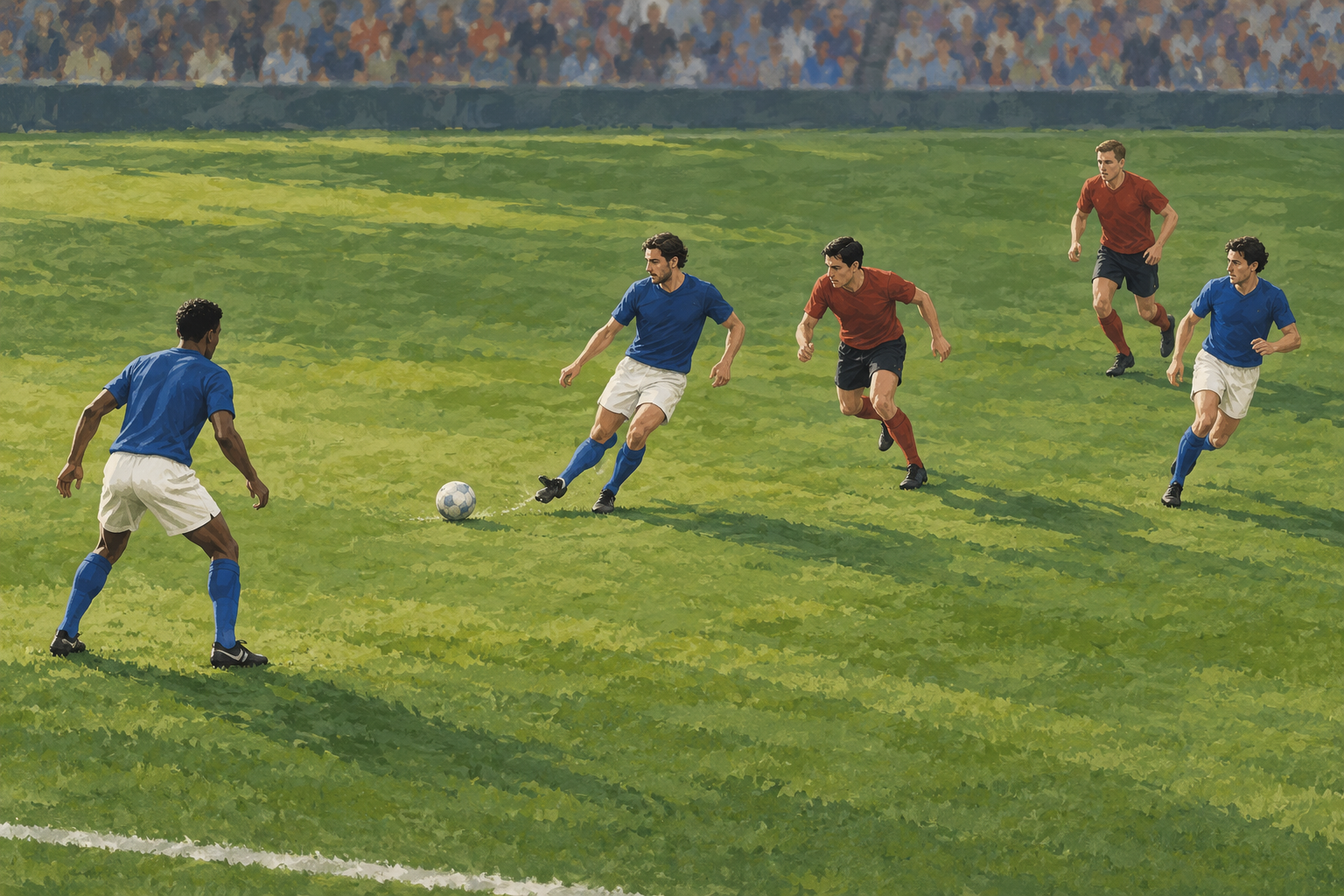 A blue-shirted footballer passes toward a teammate with more space while red-shirted opponents close in.