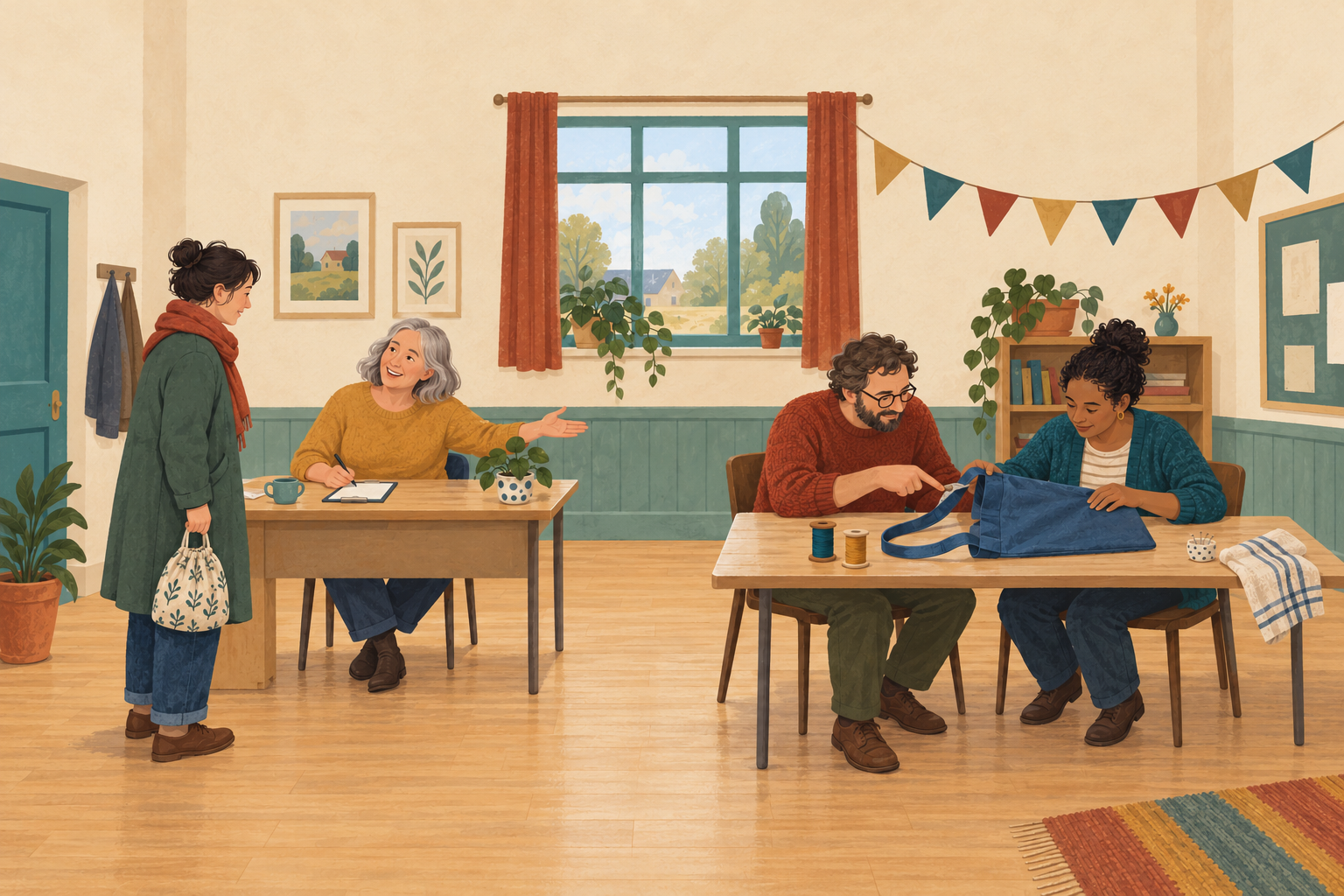 At an imagined community repair event, a host welcomes a visitor while two people examine the strap of a blue bag at a nearby table.