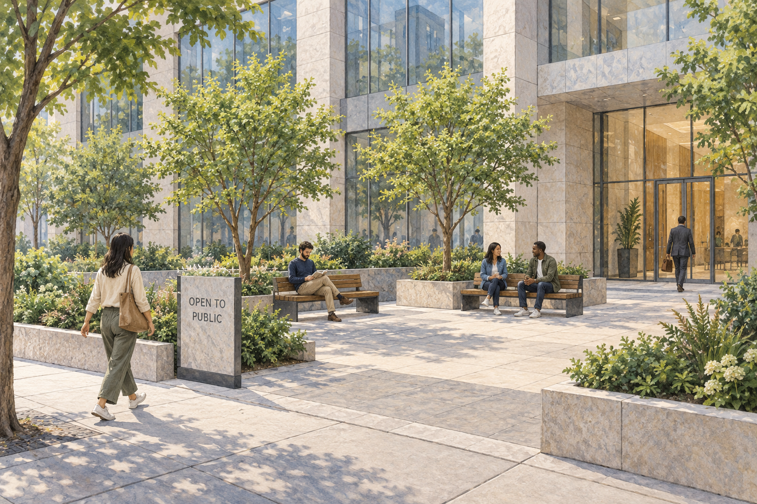 An illustrated plaza beside an office building, with public benches, trees and an Open to Public sign at the sidewalk.