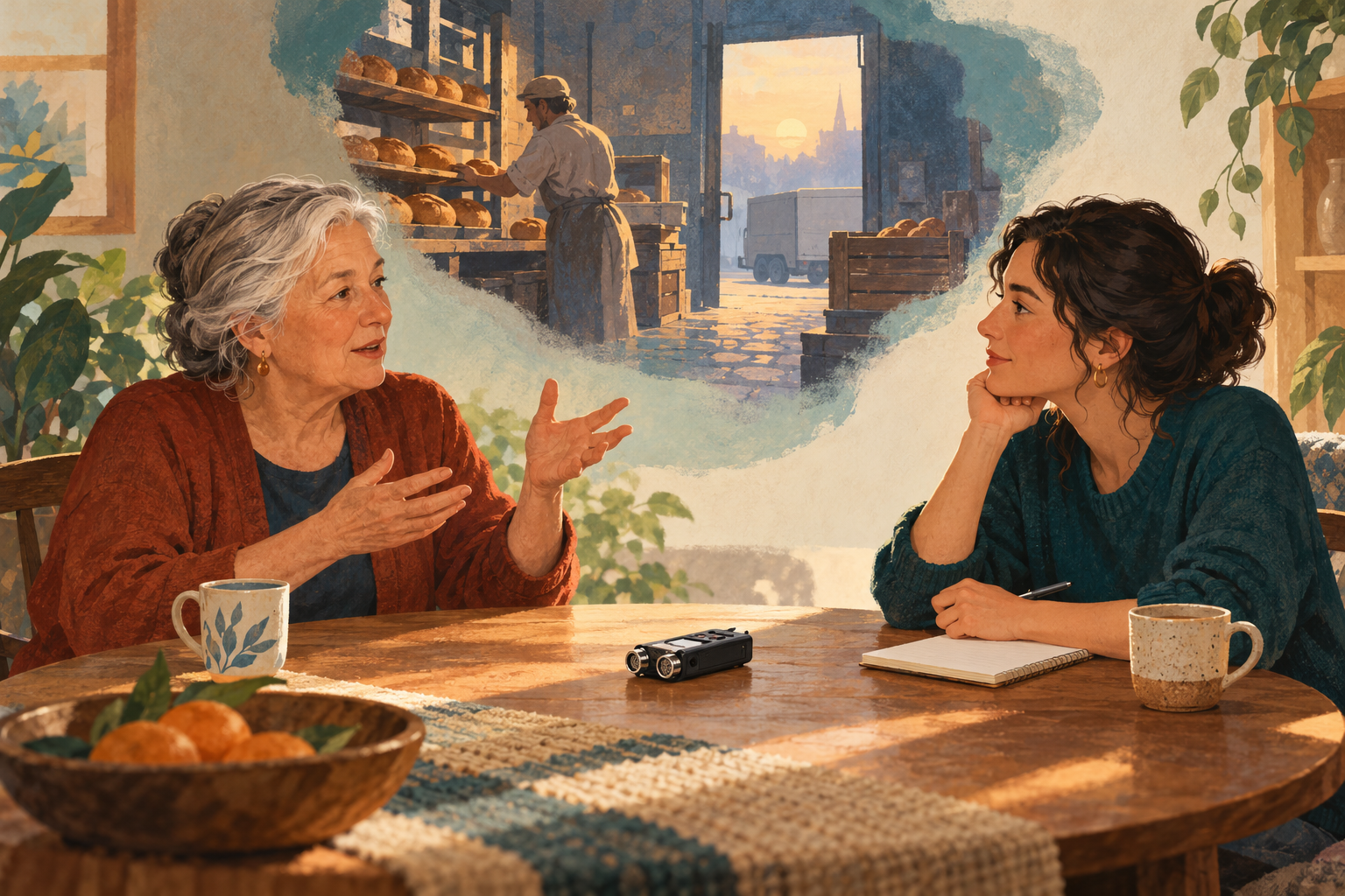 An older adult describes a memory while a younger adult listens beside a recorder; an imagined bakery appears behind the speaker.